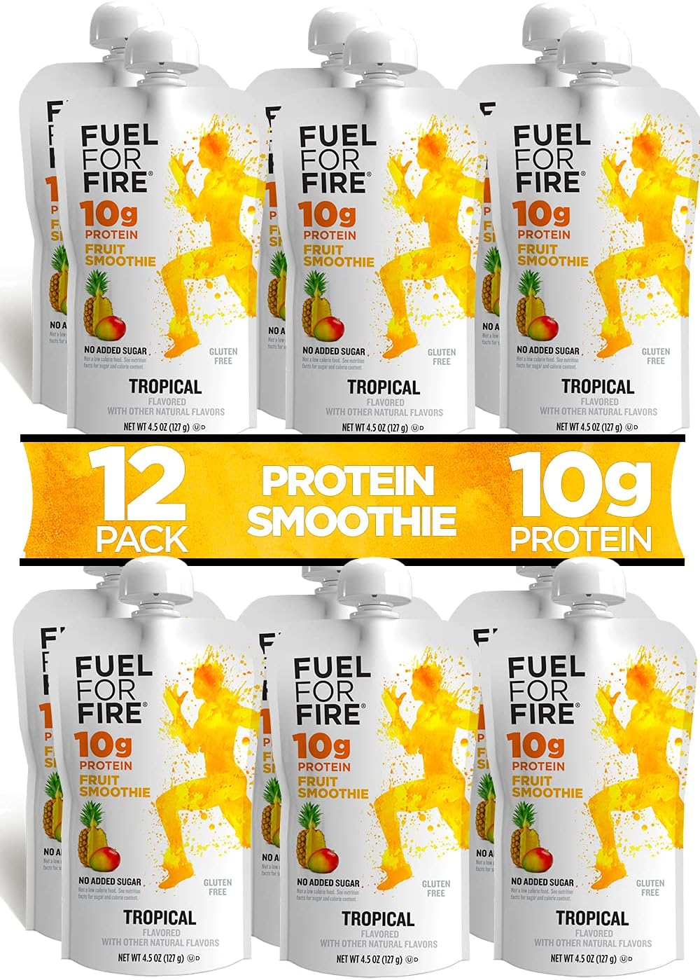 Fuel for Fire Protein Smoothie Squeeze Pouch - Tropical (12-Pack) | Healthy Snack & Recovery | No Sugar Added, Dietitian Approved | Functional Fruit Smoothies | Gluten Free, Kosher (4.5oz pouches)