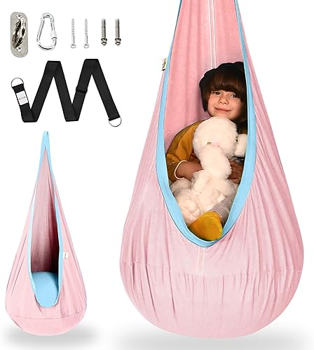 OUTREE Asiento de columpio para niños, hamaca de algodón para niños, columpio sensorial para uso en interiores y exteriores, color rosa macarrón