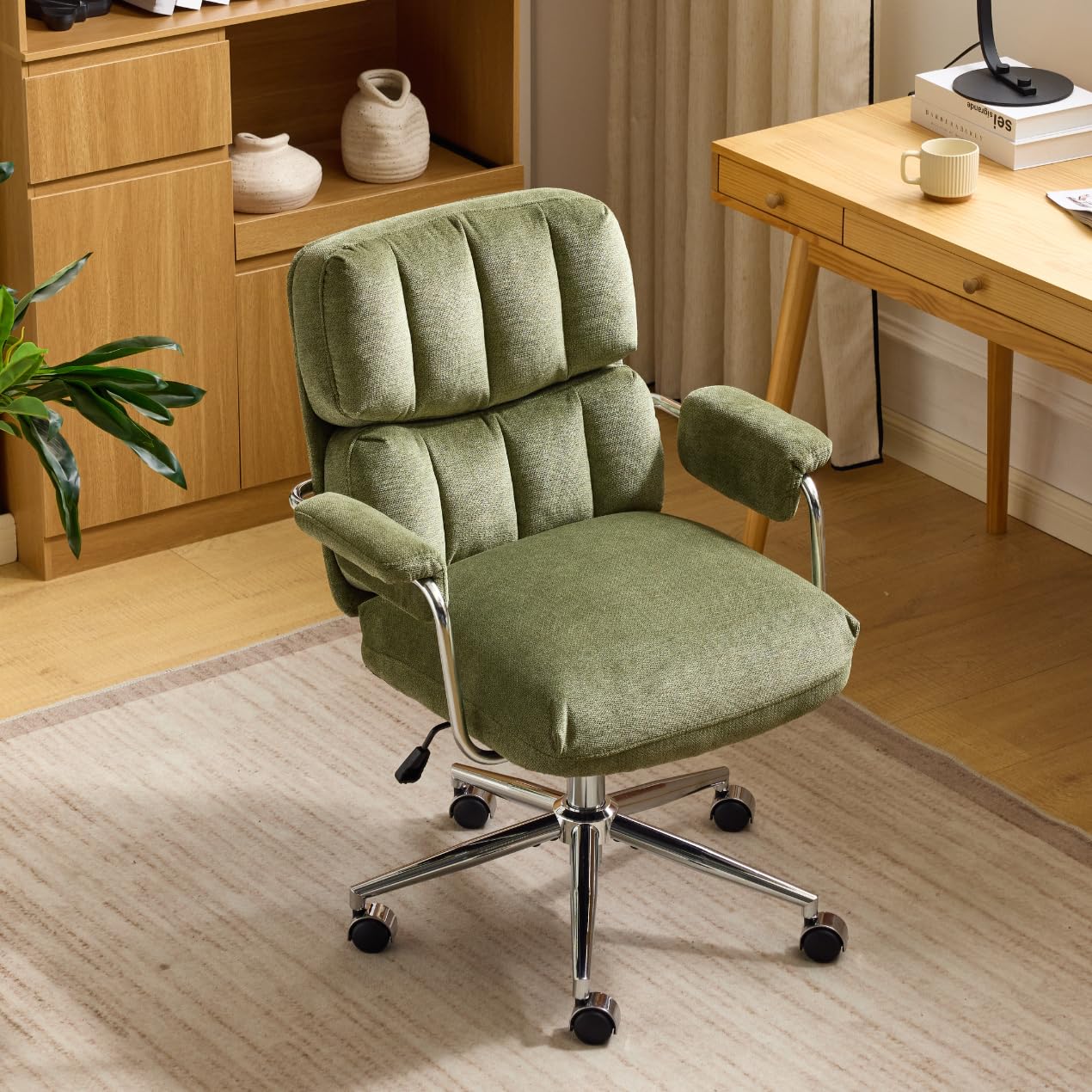 VINGLI Tufted Chenille Home Office Desk Chair with Padded Armrests, Green Olive Green