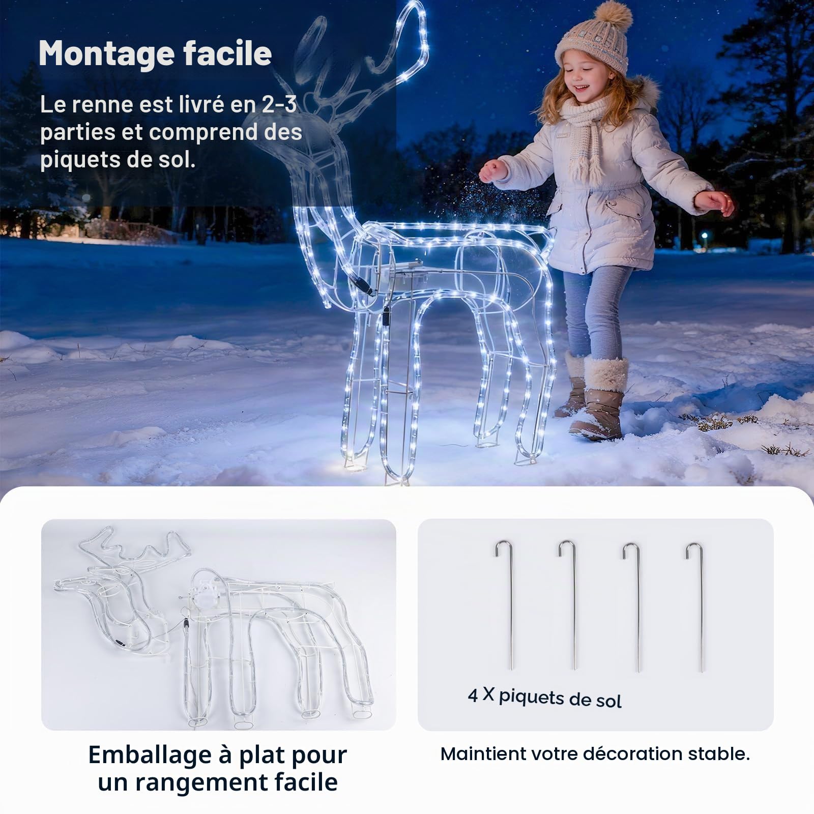 LEDYA Renne de Noël Lumineux avec tête animée, 216 LED Blanc Froid, Grand Renne Lumineux 89 cm, décoration de Noël intérieur/extérieur avec minuterie, Alimentation Secteur pour Jardin ou terrasse