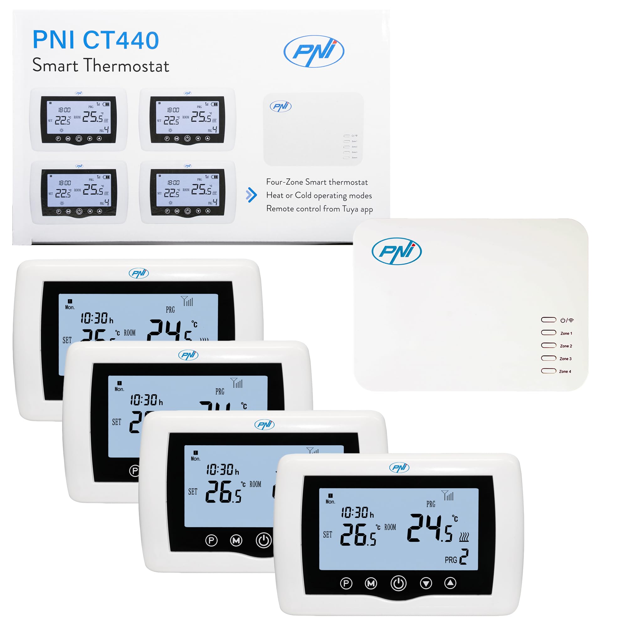 Termostato Inteligente PNI CT440 inalámbrico, con WiFi, Control de 4 Zonas vía Internet, para Sistemas de calefacción, Bombas, electroválvulas, App TuyaSmart