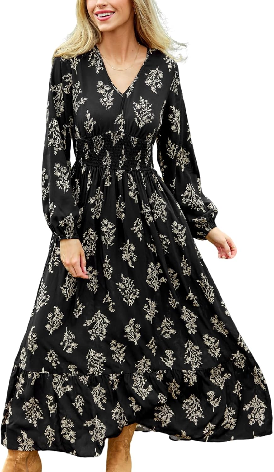 CUPSHE Women Floral Maxi Fall Dress V Neck Long Puff Sleeve Smocked Waist Ruffle Flowying Casual Festival Autumn Dresses