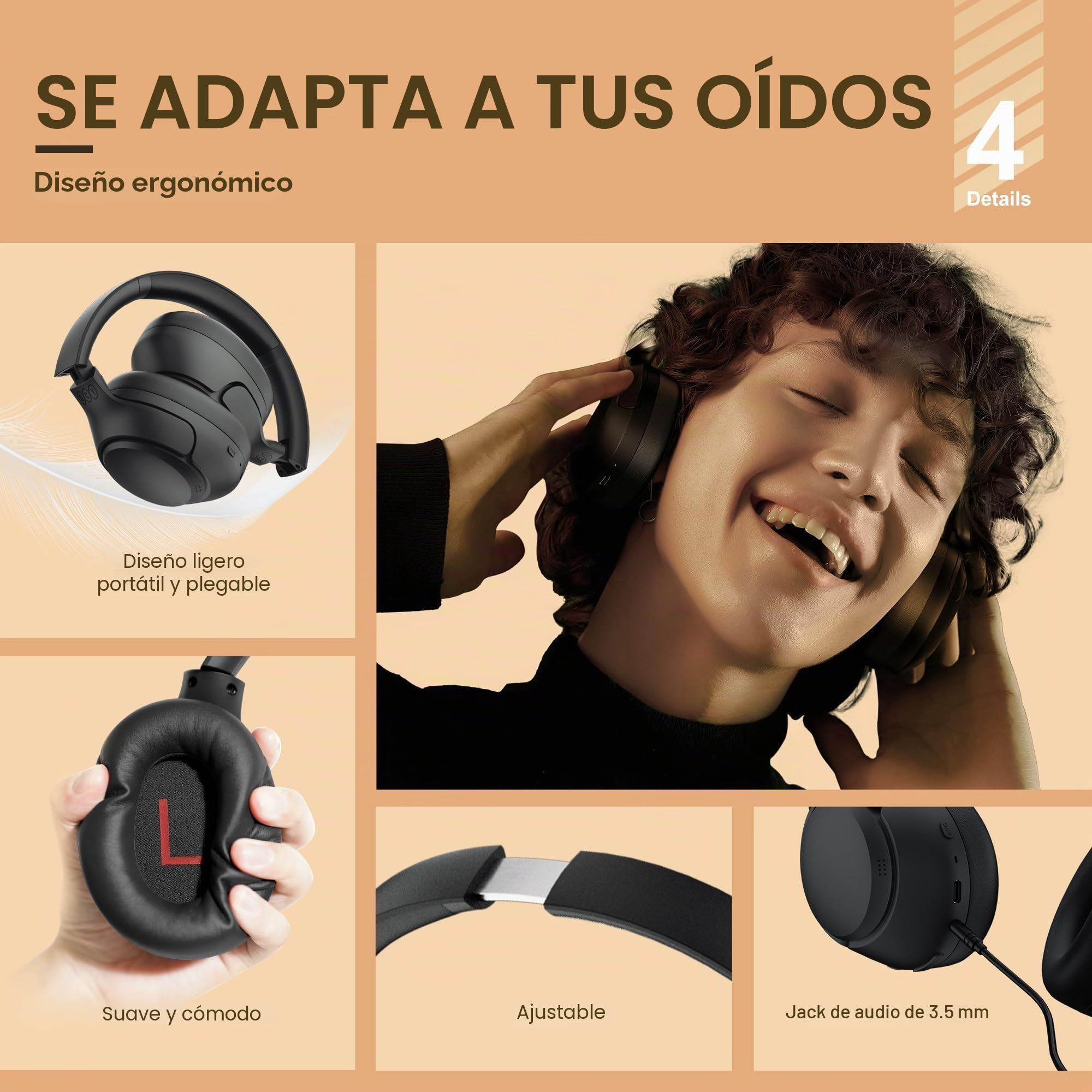 QCY H3 Cascos Inalámbricos Bluetooth 5.4 Diadema con Cancelación de Ruido Activa Híbrida, Hi-Res Audio, 60 Horas de Reproducción, Plegables Auriculares Over Ear Compatible con iOS/Android