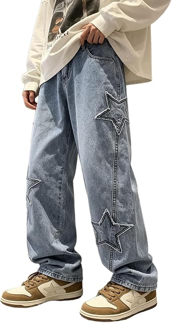 HBER Mens Y2k Star Jeans High Waisted Hip Hop Streetwear Jeans