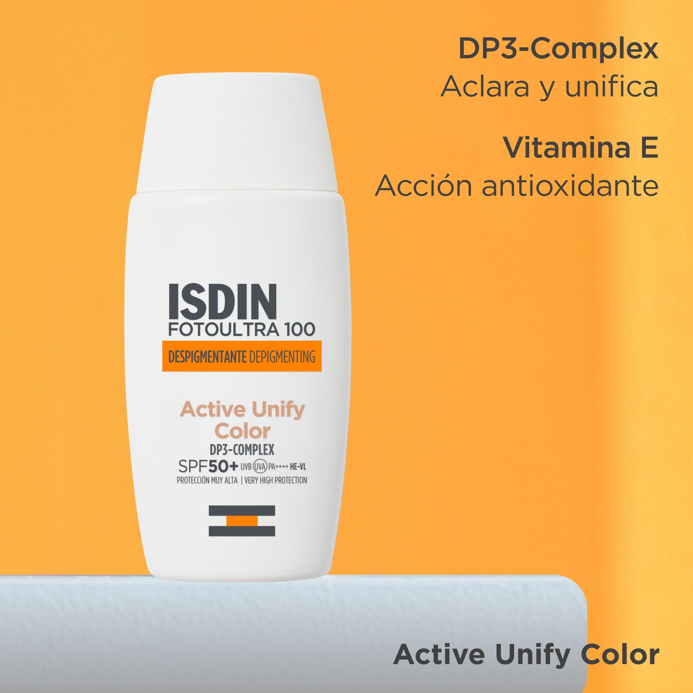 ISDIN Fotoultra 100 Active Unify Color SPF 50+ Crema Fluida con Color, Triple Acción Despigmentante y que Unifica el Tono y Evita la Aparición de nuevas manchas