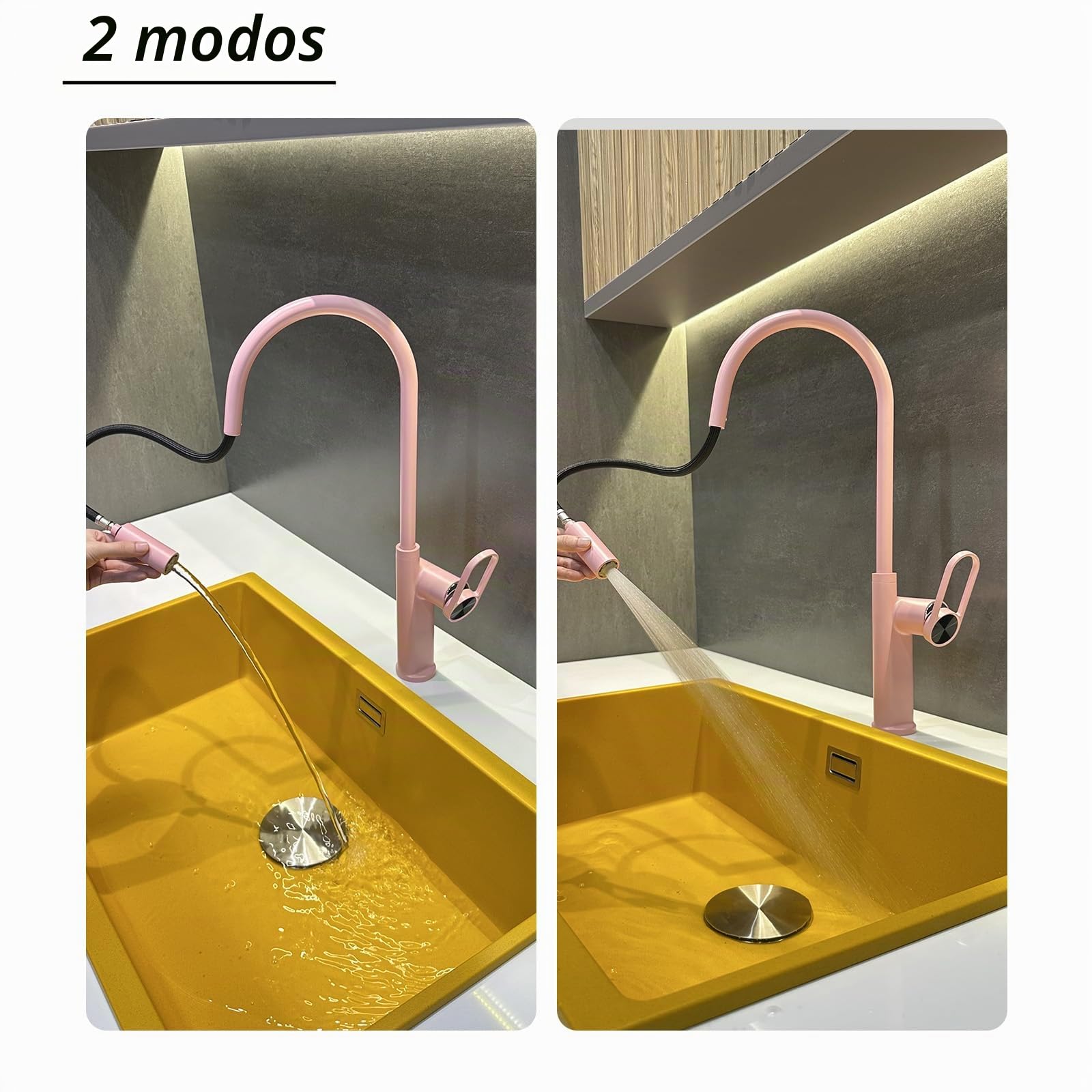 Grifo Cocina, Grifo Cocina Fregadero, Con Ducha De 2 Modos Mezclador Extraíble, Giratorio 360 Grados, Fria Y Caliente Grifo Monomando Lavabo, Fácil Instalación (Pink) | Mezclador monomando fregadero con dispensador extraíble, y giratorio a 360°, ajustable