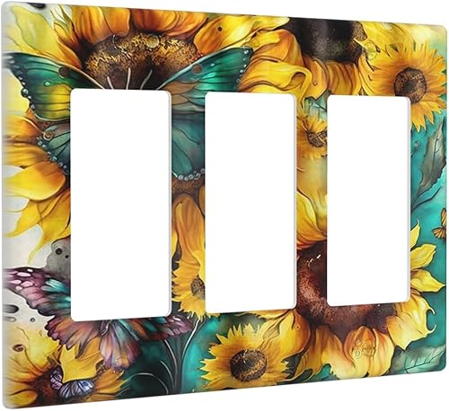 Miniatura 2 de Placa frontal de 3 bandas para receptáculo, diseño de girasol, verde, verde azulado, grande, diseño de mariposa, decoración para baño, decoración