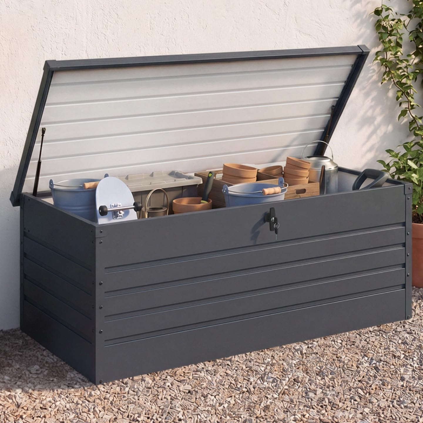 Cassetta da Giardino in Metallo con Serratura Grigio Antracite 600L 165x70x63 cm