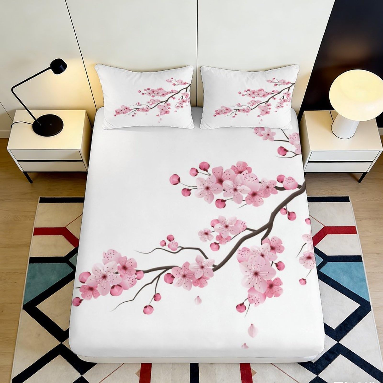 3D Printed Cherry Blossom Fitted Sheet Microfiber Soft Breathable Sakura Branch Mattress Cover for Bedroom Guest Room Decor 90x200x25cm