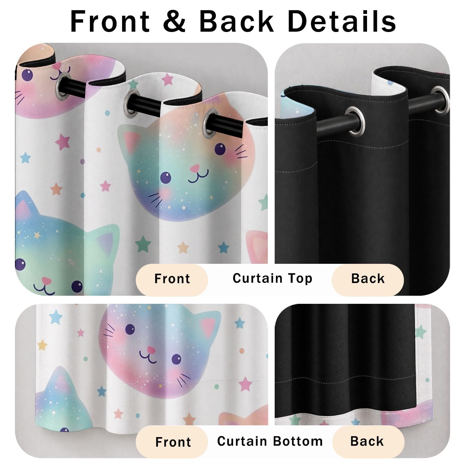 Cortina opaca con diseño de dibujos animados de ensueño con diseño de gato y lunares, arco iris, reducción de ruido, cortinas opacas con ojales, para salón, dormitorio, habitación infantil, decoración