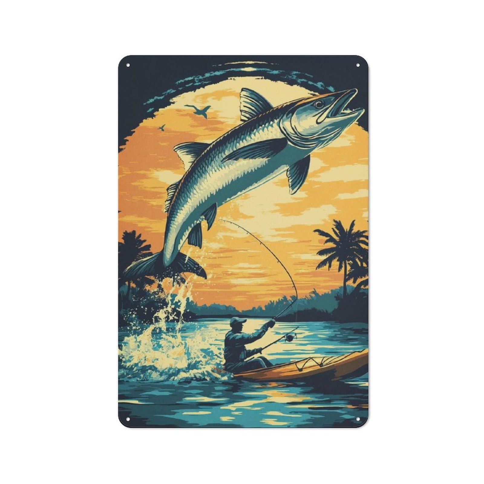 Junmoney Fishing Sunset Landscape Vintage Metal Plaque 30X20cm Featuring For Pub Or Café, Suited To Café Interior Fans
