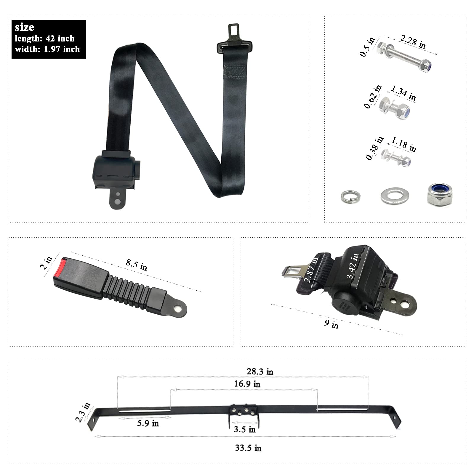 Golf Cart Retractable 42" Seat Belts with Belt Bracket Kit for Yamaha Club Car DS Precedent EZGO TXT RXV