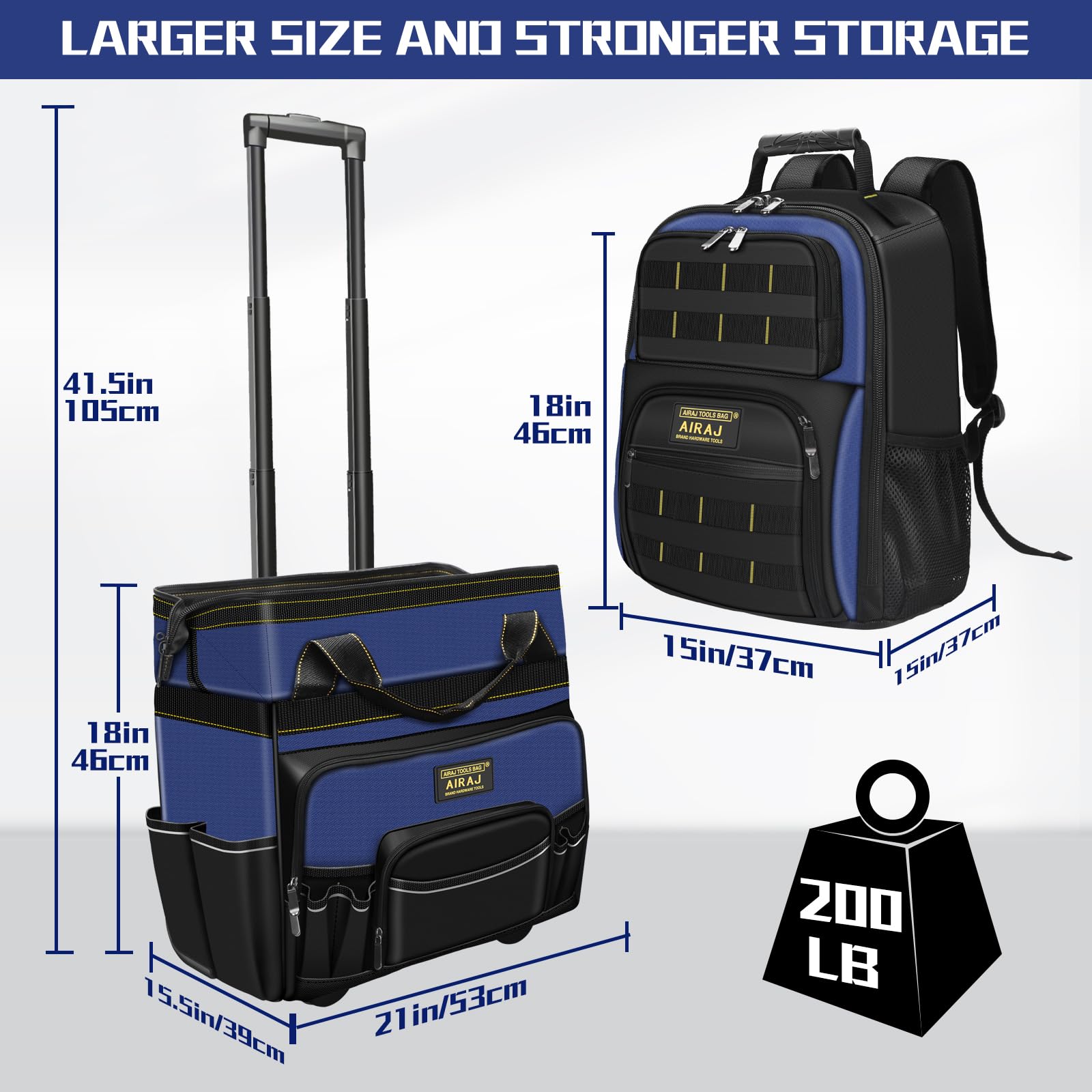 Sac a Outils à Roulettes 21 Pouces+Sac à Dos à outil 18 pouces AIRAJ,Poignée Télescopique Réglable,Sac Outils Imperméable,Sac à Dos à Outils Robuste,1680D Tissu Oxford,Port de Recharge USB,55 Poches
