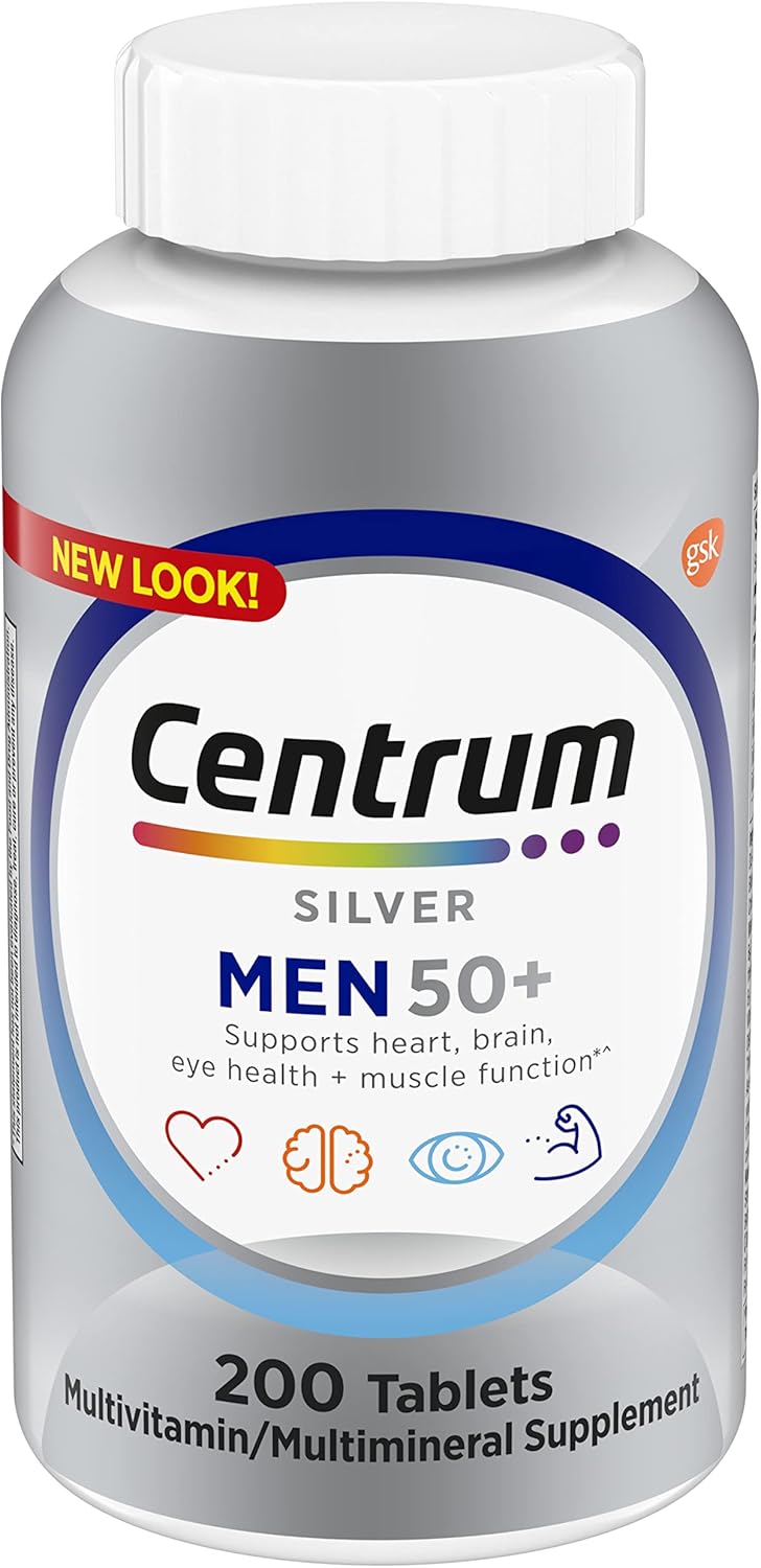 Centrum Silver Multivitamin for Men 50 Plus, Multivitamin/Multimineral Supplement with Vitamin D3, B Vitamins and Zinc, Gluten Free, Non-GMO Ingredients - 200 Count