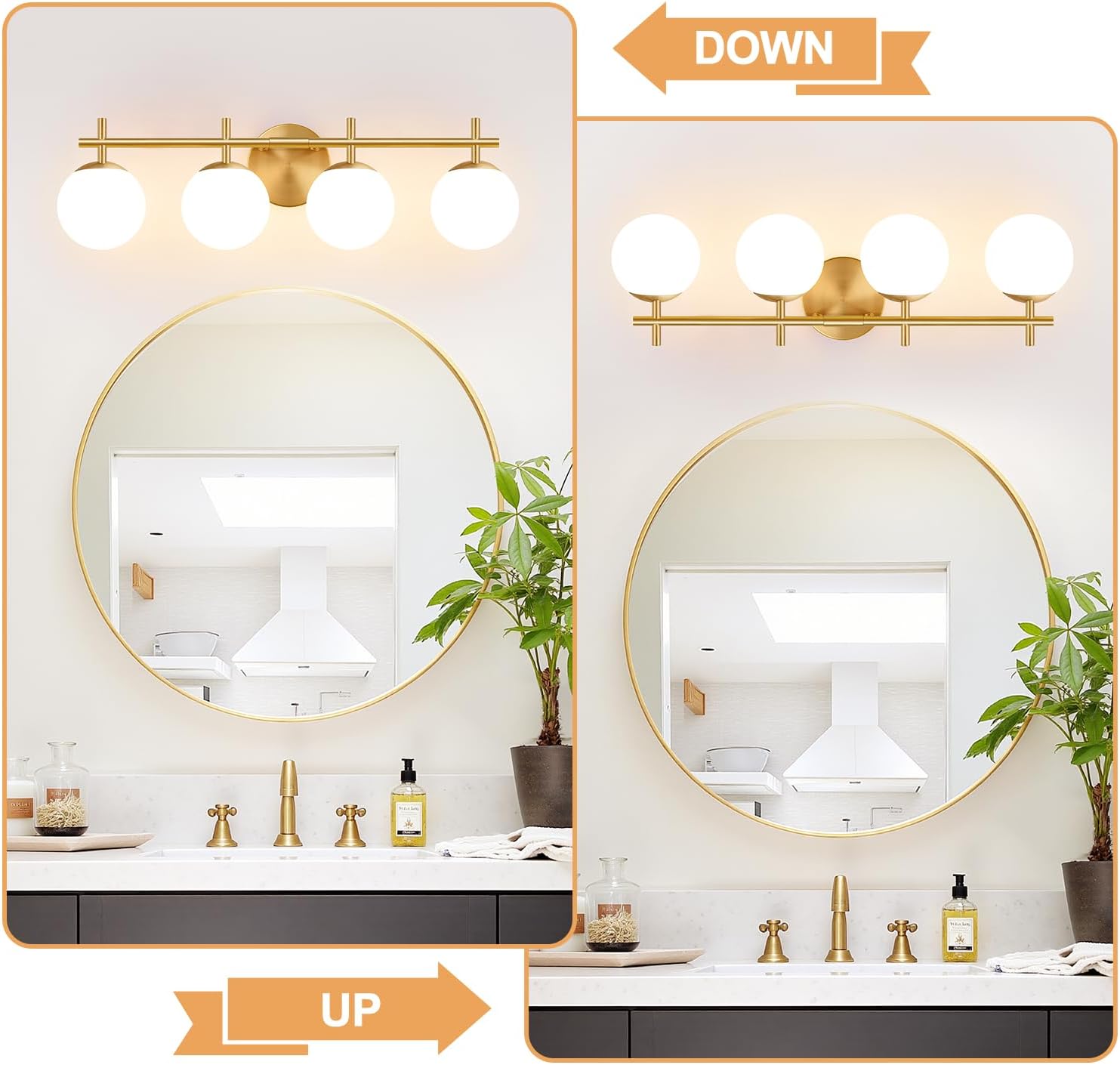 4-Light Bathroom Light Fixtures, Brushed Gold Vanity Lights for Bathroom with Milky White Glass Shade, Bathroom Lighting Fixtures Over Mirror, Wall Sconce for Bedroom (Bulb Not Included)