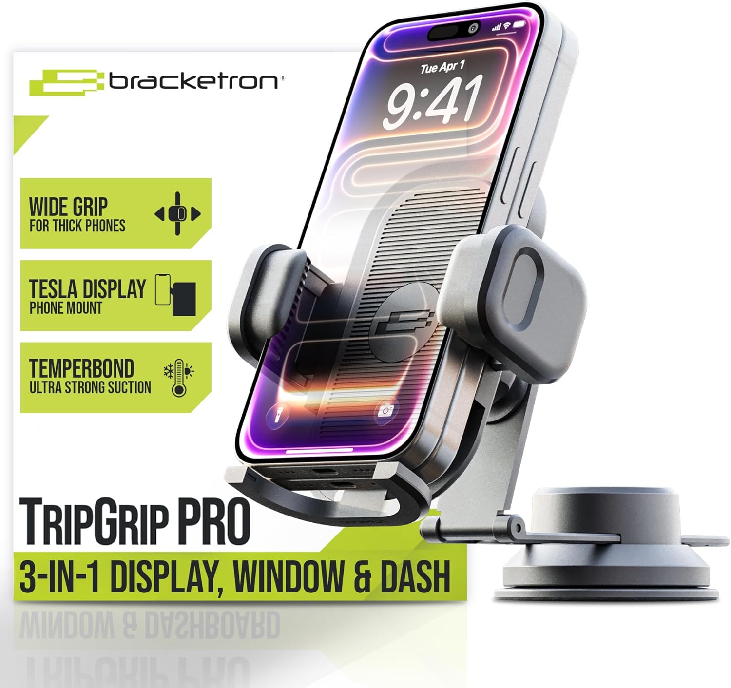 Bracketron TripGripPro Suction Cup Phone Mount for Car - 3-in-1 Tesla Phone Mount with 360° Rotation, Temperbond Suction Technology for Windshield Dashboard Display