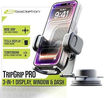 Bracketron TripGrip Pro Tesla Phone Holder, Suction Cup, 360 Rotation | 3-in-1 Tesla phone holder mount with TemperBond suction technology, secure dashboard and windshield installation