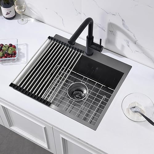 Miniatura 8 de Fregadero de barra negro 21 x 18 x 10 pulgadas, calibre 16 T304, de acero inoxidable negro, montaje superior, para cocina, cocina, para preparación