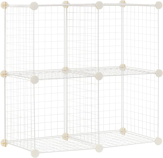 Amazon Basics 4 Cube Wire Grid Storage Shelves, Stackable Cubes, White, 14"D x 14"W x 14"H