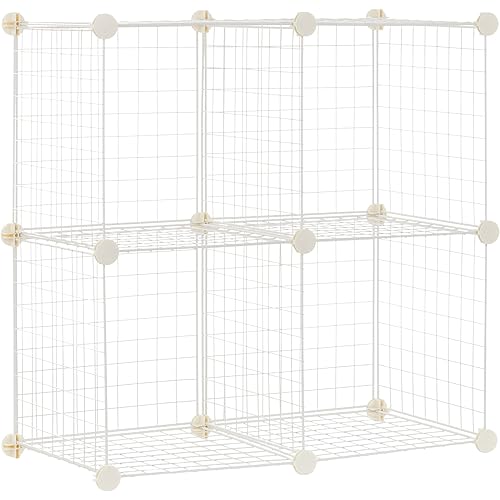 Amazon Basics 4 Cube Storage Organizer - Wire Grid Closet and Storage Shelves, Stackable, White 14"x14"x14"