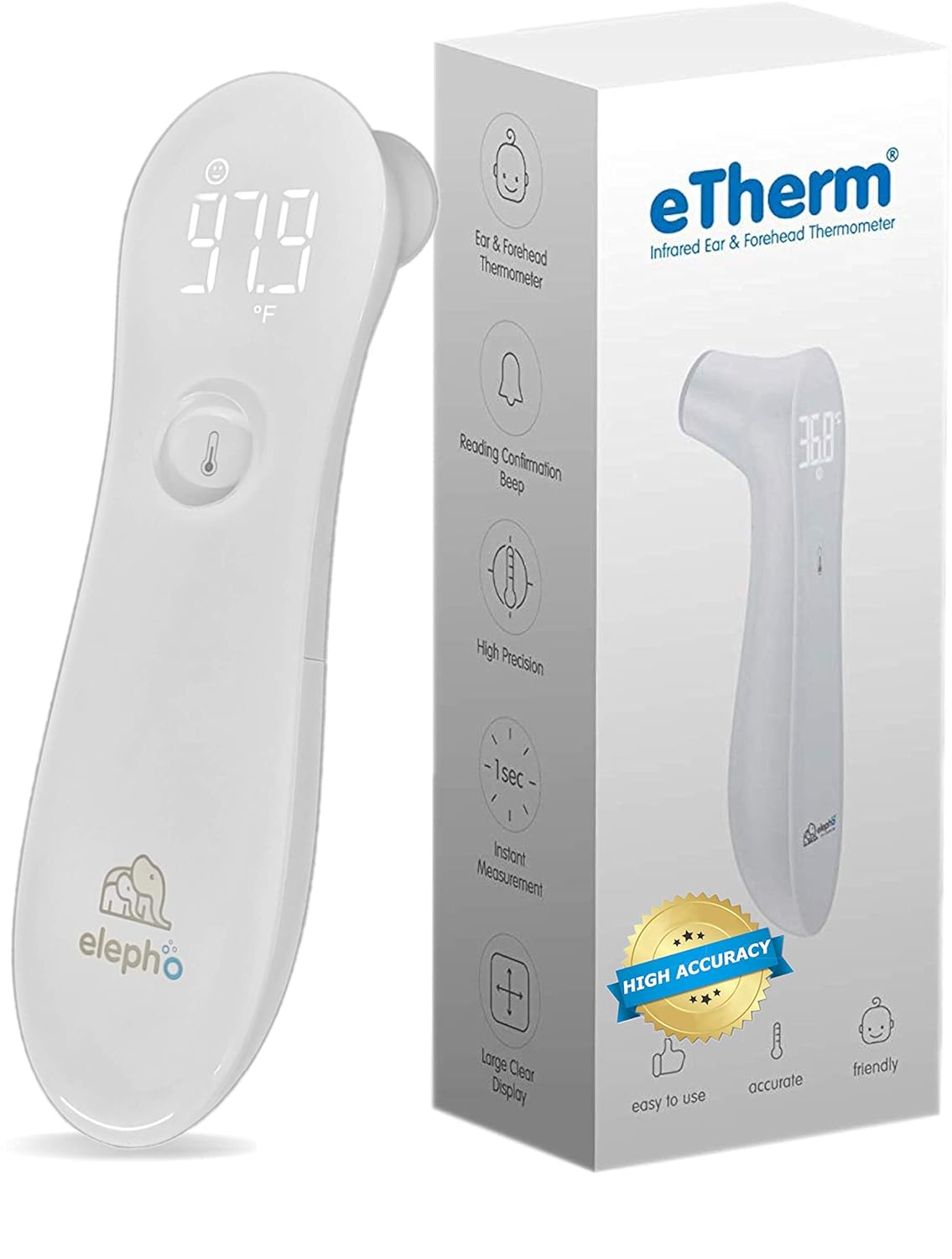 Elepho eTherm Ear & Forehead Thermometer  Slim Design, Easy to Read Large LCD Display…