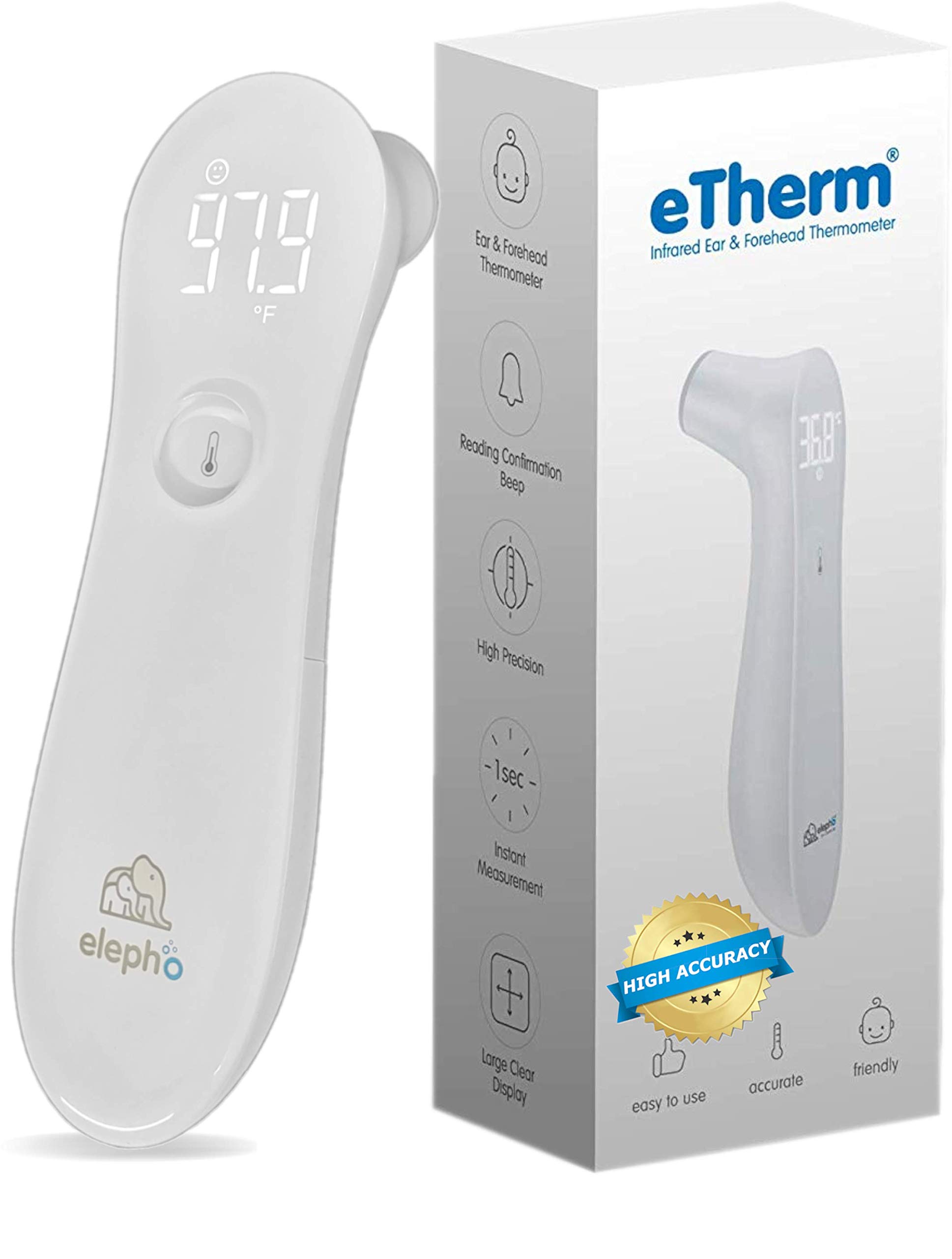 ElephoeTherm Ear & Forehead Non-Contact Thermometer Infrared & Digital Thermometers for Adults, Kids, Babies & Infants Instantly Accurately Reads Temperature Slim Design, Easy to Read Large Display.