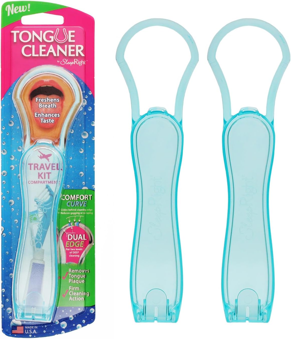 SleepRightTongue Cleaner Scraper Two Pack - Dual Edge Technology for Fresh Breath, Comfort Radius Design, Travel Kit Included - Enhance Oral Hygiene and Taste Sensation