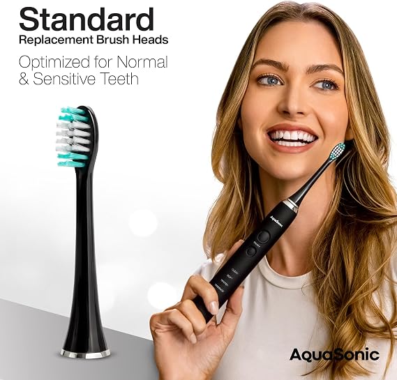 AquaSonic Genuine Standard Replacement Brush Heads | ADA Accepted | for Normal & Sensitive Teeth | Compatible with Many AquaSonic Toothbrush Handles (2 Pack Black)
