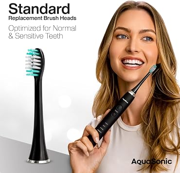 AquaSonic Genuine Standard Replacement Brush Heads | ADA Accepted | for Normal & Sensitive Teeth | Compatible with Many AquaSonic Toothbrush Handles (2 Pack Black)