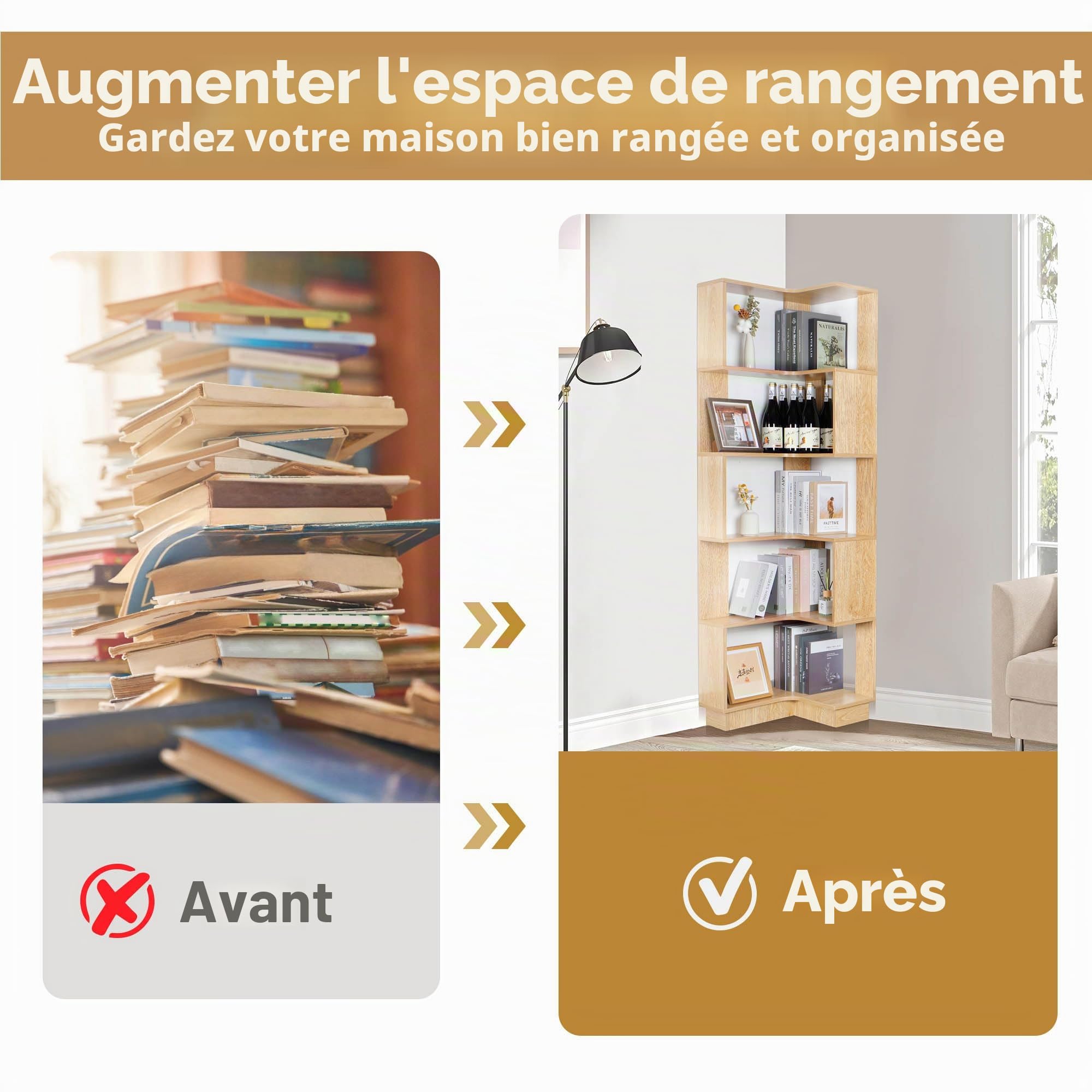 bimiti Bibliothèque d'angle en bois à 6 niveaux - 175 cm de haut - Grande étagère d'angle de rangement pour salon, maison, bureau