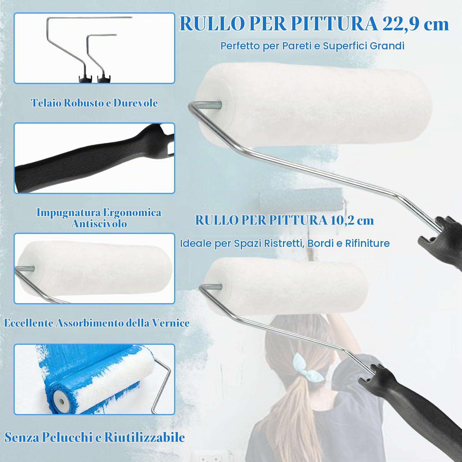 Qivine Rullo Pittura Kit con Asta Telescopica, 20 Pezzi Rullo per Pittura Professionale con Vassoio, Kit Rullo e Vaschetta per Verniciare, per Dipingere Pareti, Soffitti, Porte e Modanature