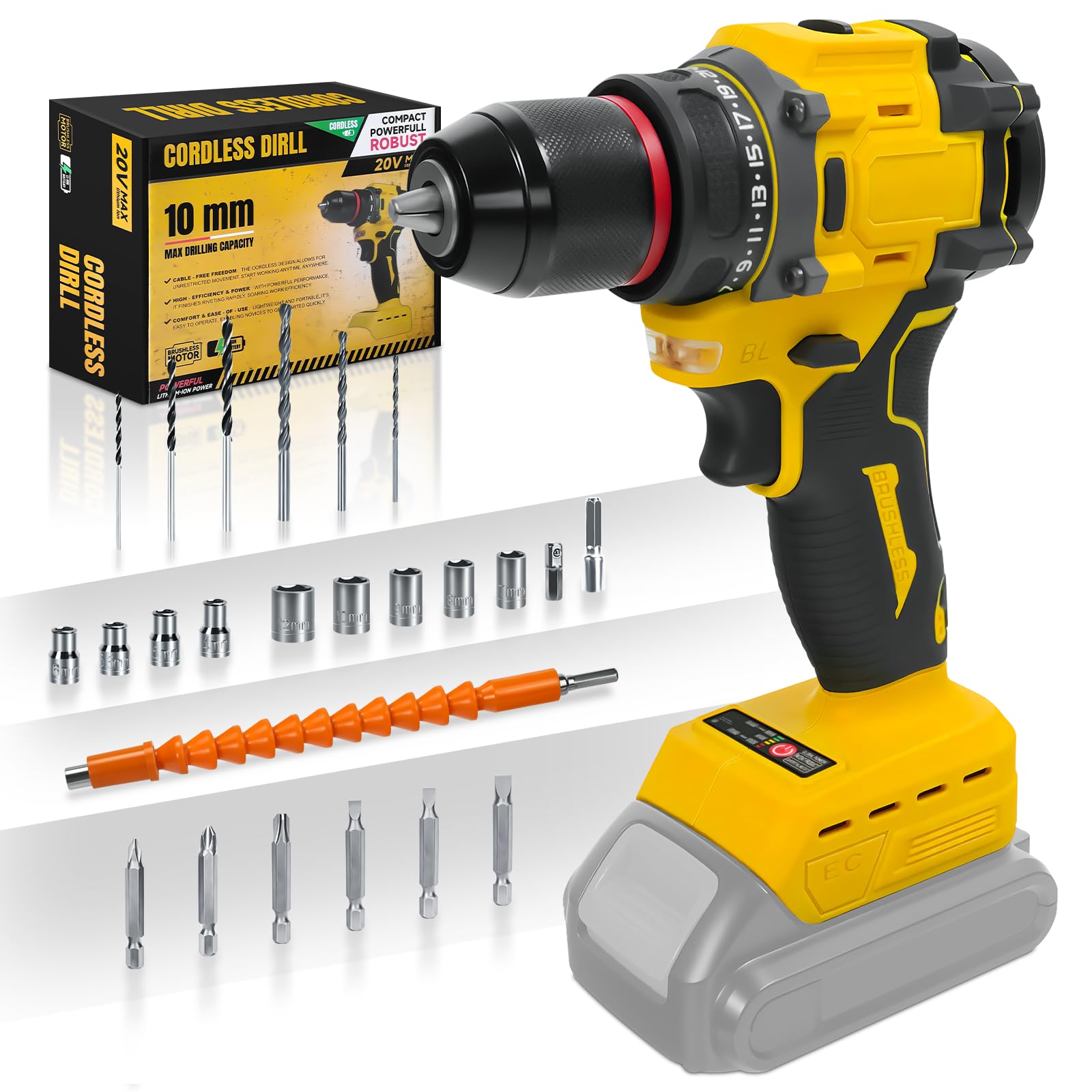 Taladro de batería para baterías DEWALT de 20 V, 25 + 1 ajuste de par, par máx. 60N-m, luz LED, juego de destornilladores de 25 piezas para trabajos de mantenimiento y proyectos de bricolaje
