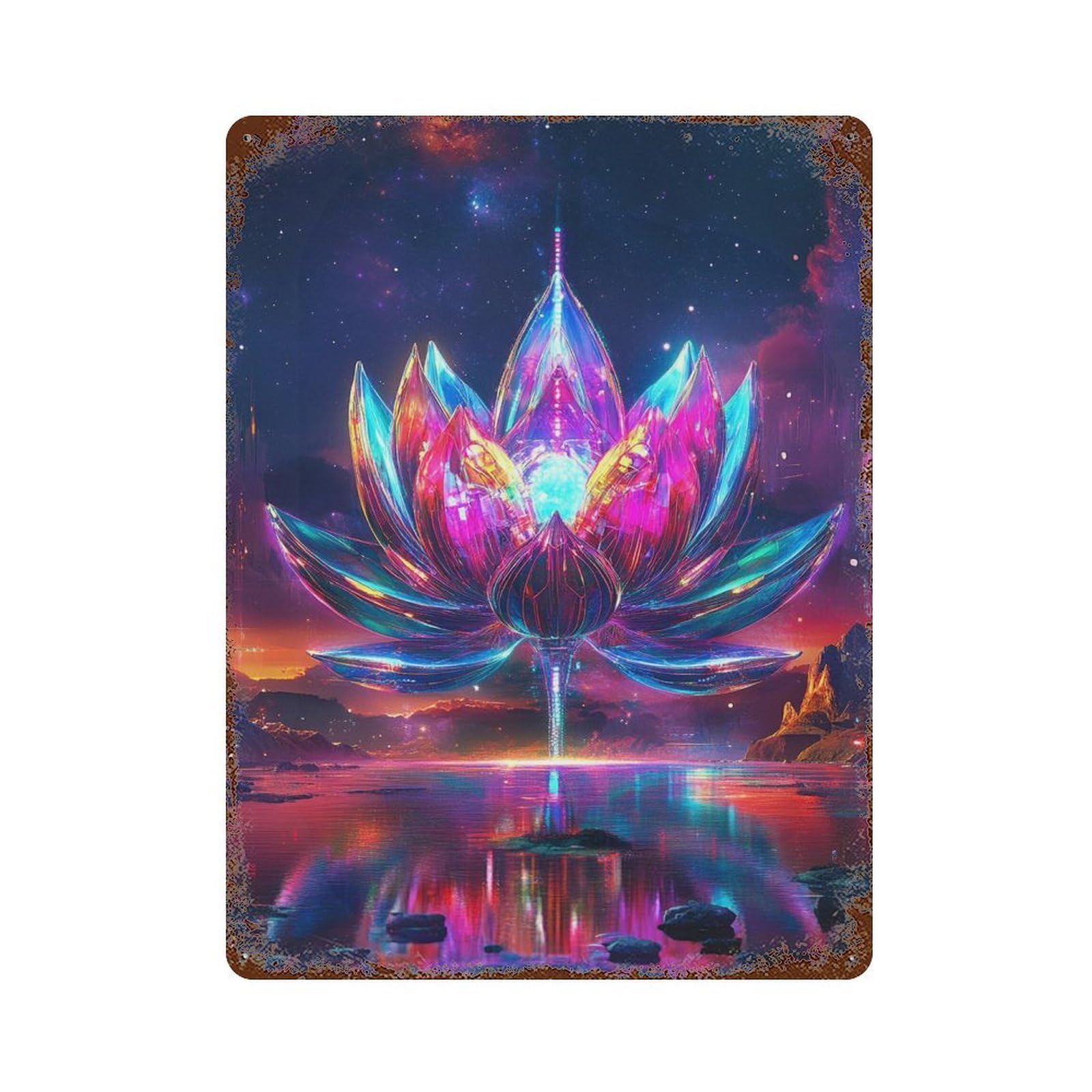 Galactic Lotus Reflections 15.7"x11.8" Rustic Tin Plaque, Retro Wall Decor for Garage, Bar And Workshop Decor