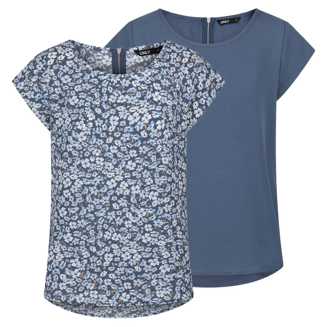 Only ONLVIC - Pack de 2 Camisetas básicas para Mujer, Cuello Redondo, Corte Regular, Blusa de Manga Corta, Parte Superior con Cremallera, Estampado de Verano