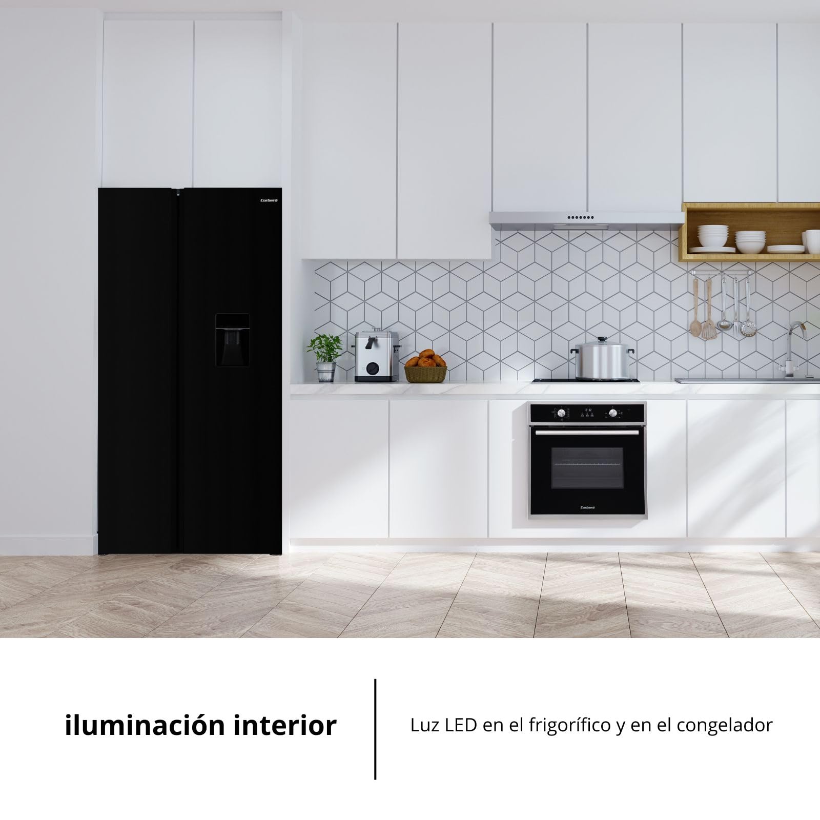 Corberó - Frigorífico Americano | CFSBSH735NWD | No Frost | Inverter | 439L | 177cm | Dispensador de Agua | Twist Ice Maker | Luz Led | Display | 4 cajones | Negro