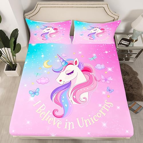 Sábana bajera ajustable de unicornio para niñas y niños pequeños, ropa de cama Kawaii de unicornio, sábanas de unicornio rosa mariposa, sábanas de