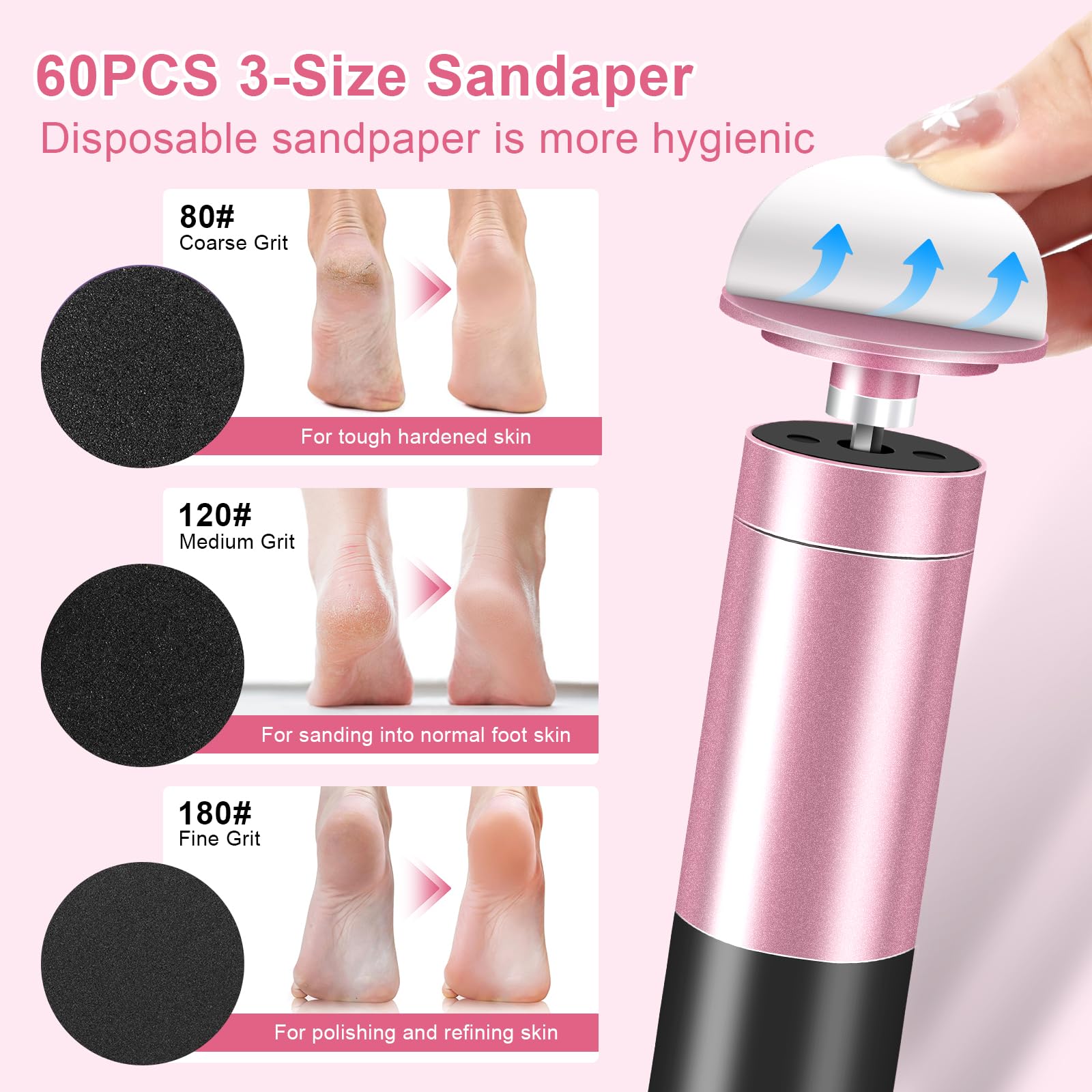 Lima Eléctrica para Pies Recargable 9 Velocidades - Kit de Pedicura Profesional con Piedras de Pulir Reemplazables para Talones Agrietados, Eliminar Callos, Durezas y Piel Muerta (Rosa)