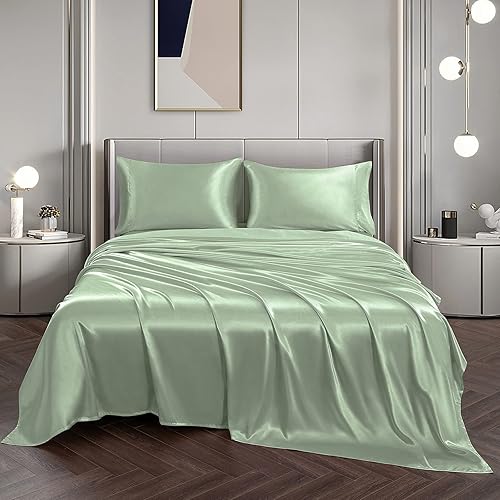 Vista 143 de Vonty Satin Sheets King Silky Soft Satin Bed Sheets Amber Beige Sheet Set, 1 Deep Pocket Fitted Sheet + 1 Flat Sheet + 2 Pillowcases