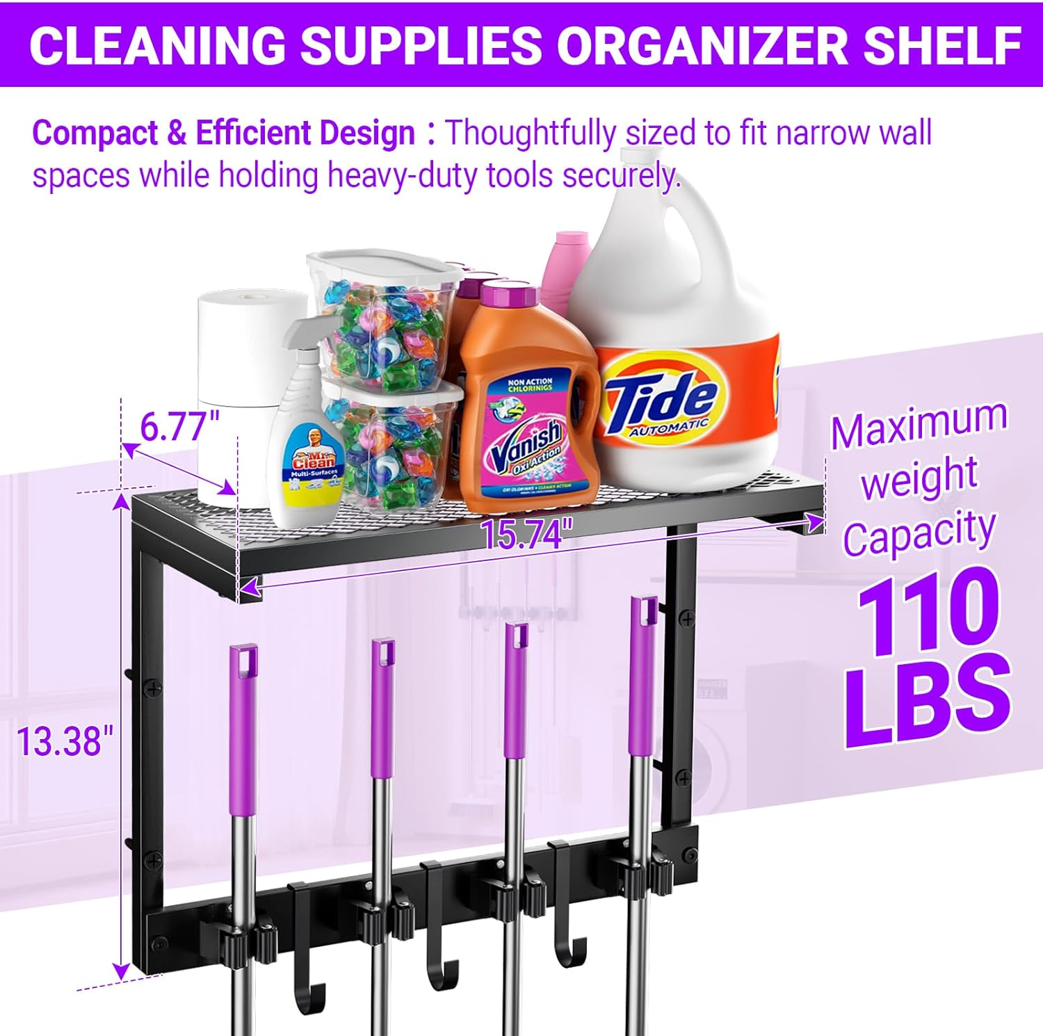Heavy Duty Broom Holder Wall Mount with Cleaning Supplies Organizer, Space-Saving Laundry Room Organization and Storage Shelves, All-Metal Mop Hanger Broom Rack with Hooks, Garage Organizer Shelf