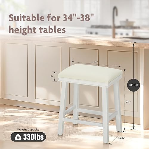 Miniatura 22 de ALPHA HOME Juego de 2 taburetes de bar, taburetes de cocina de madera maciza con cojín de piel sintética gris, taburetes de bar con base de madera