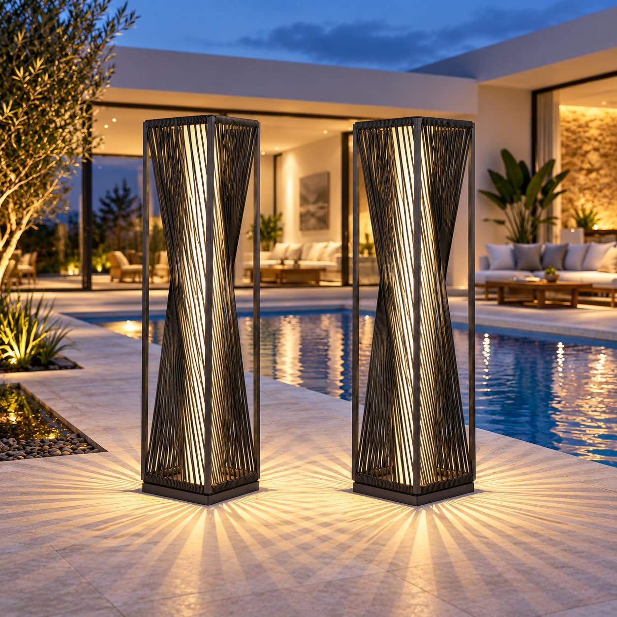 Solar Yard 2 Piece Outdoor Solar Floor Lamp Resin Wicker Solar Light Outdoor Waterproof for Yard, Garden, Pathway, Deck, Dazzle Dance (Brown 2 Piece)