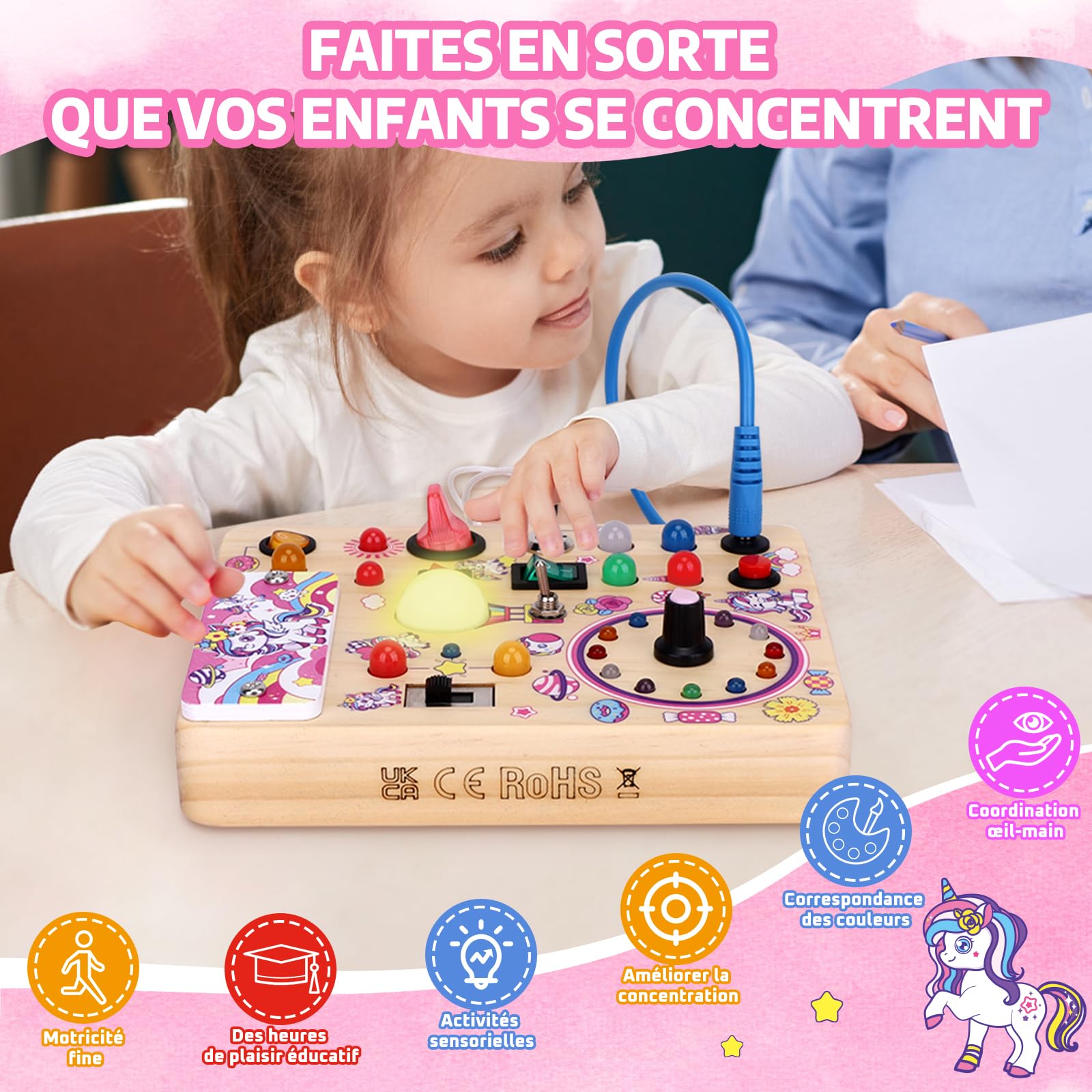 Busy Board Montessori 1 An – Panneau En Bois 10 Interrupteurs 23 LED – Jouet Sensoriel Lumineux – Cadeau 1-3 Ans
