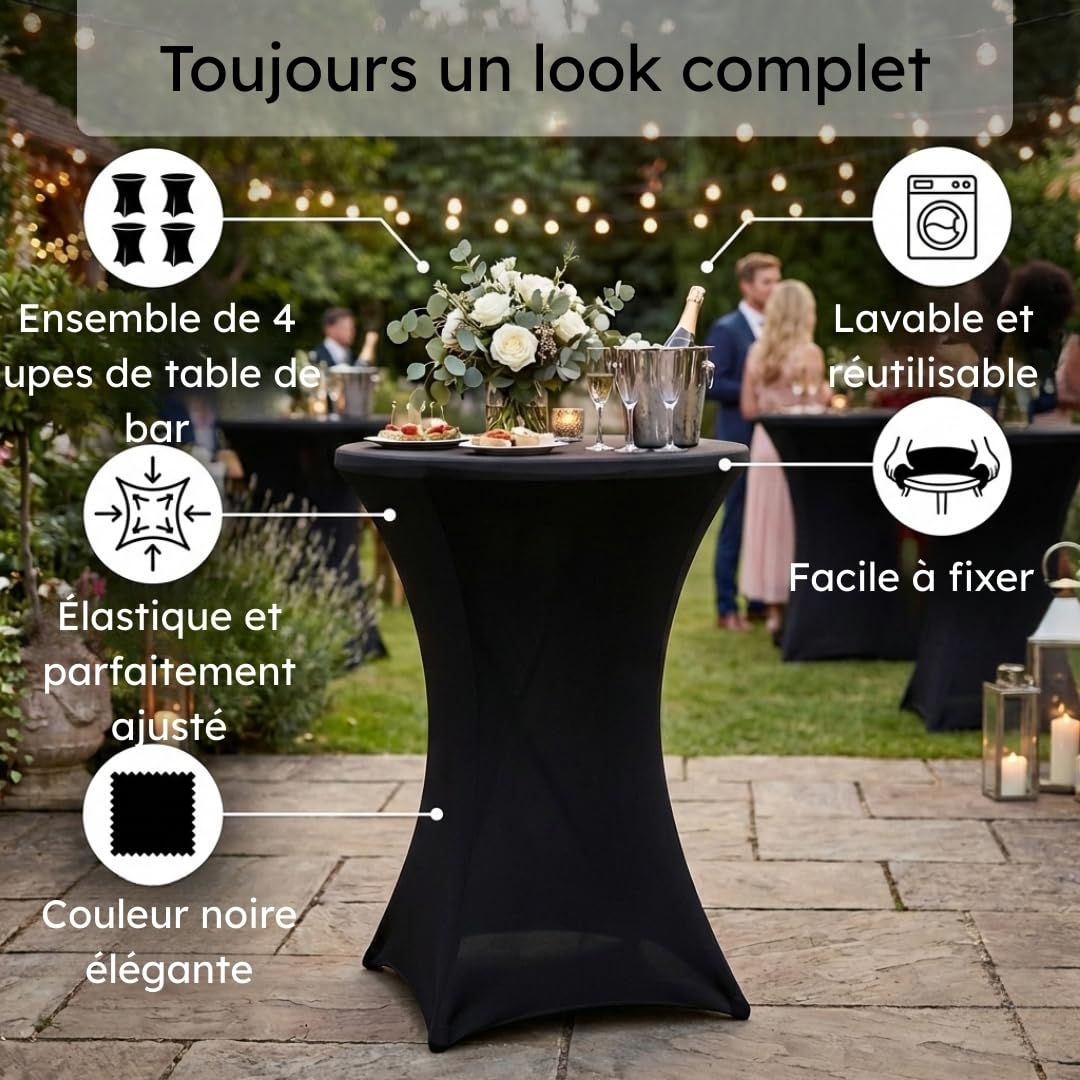 Saaf Jupes de Table Haute de Luxe Noires - Lot de 4 - Housse Extensible pour Table Haute ∅ 80-85 cm - Housse Élastique Lavable - pour Fêtes et Événements