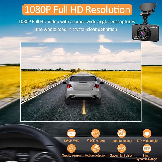 ORSKEY Dash Cam for Cars Front and Rear and SD Card Included 1080P Full HD In Car Camera Dual Lens Dashcam for Cars 170 Wide Angle Sony Sensor with Loop Recording and G-sensor