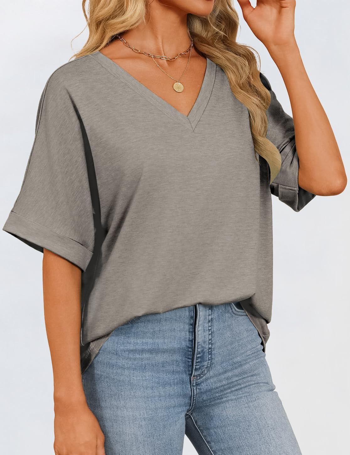 GKBK Womens Oversized T Shirts V Neck Loose Fit Shirts Short Sleeve Summer Casual Tops 2025 Trendy Blouses Y2K Plain Tees - Image 3