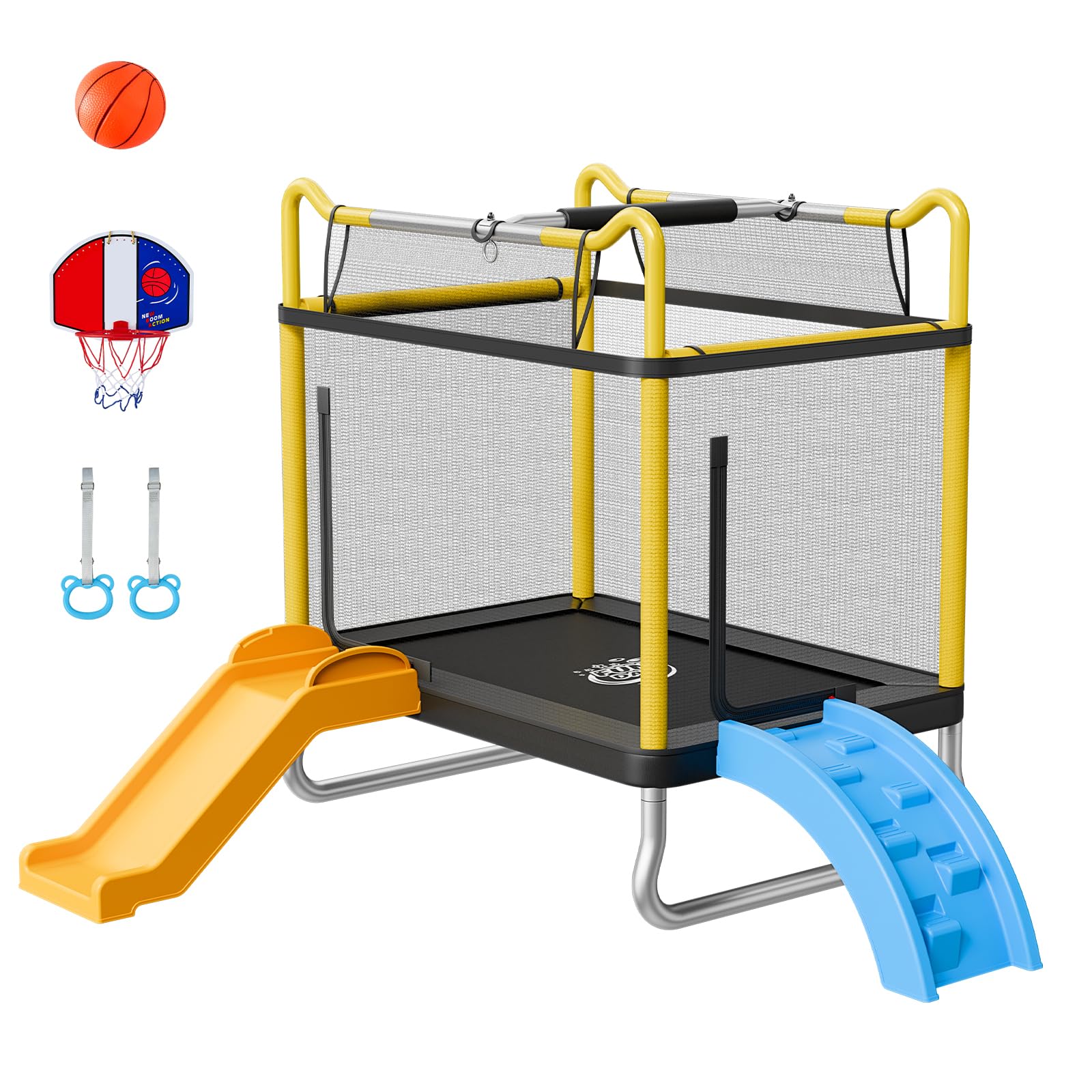 VEVOR Trampolín Infantil Cama Elástica para Niños Rectangular Carga 60 kg, con Red de Seguridad, Toboganes y Aro de Baloncesto, Marco de Tubos Galvanizados, Lona de Salto de PP, Regalo de Cumpleaños