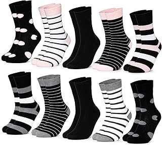Calcetines para Mujer (10 Pares, Modelo: Lotte) multicolor de algodón, lindos Calcetines Mujer con Rayas y Motivos, Calcetines Mujeres de Colores