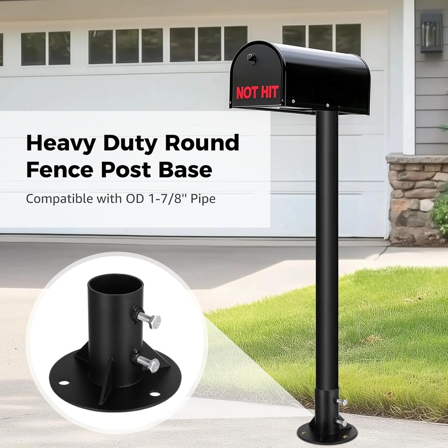 Heavy Duty Chain Link Fence Post Floor Flange Base, 2 Round Mount For Metal Post, Mailbox Post Bracket, Fits 1-7/8 Od Pipe, Includes Screws