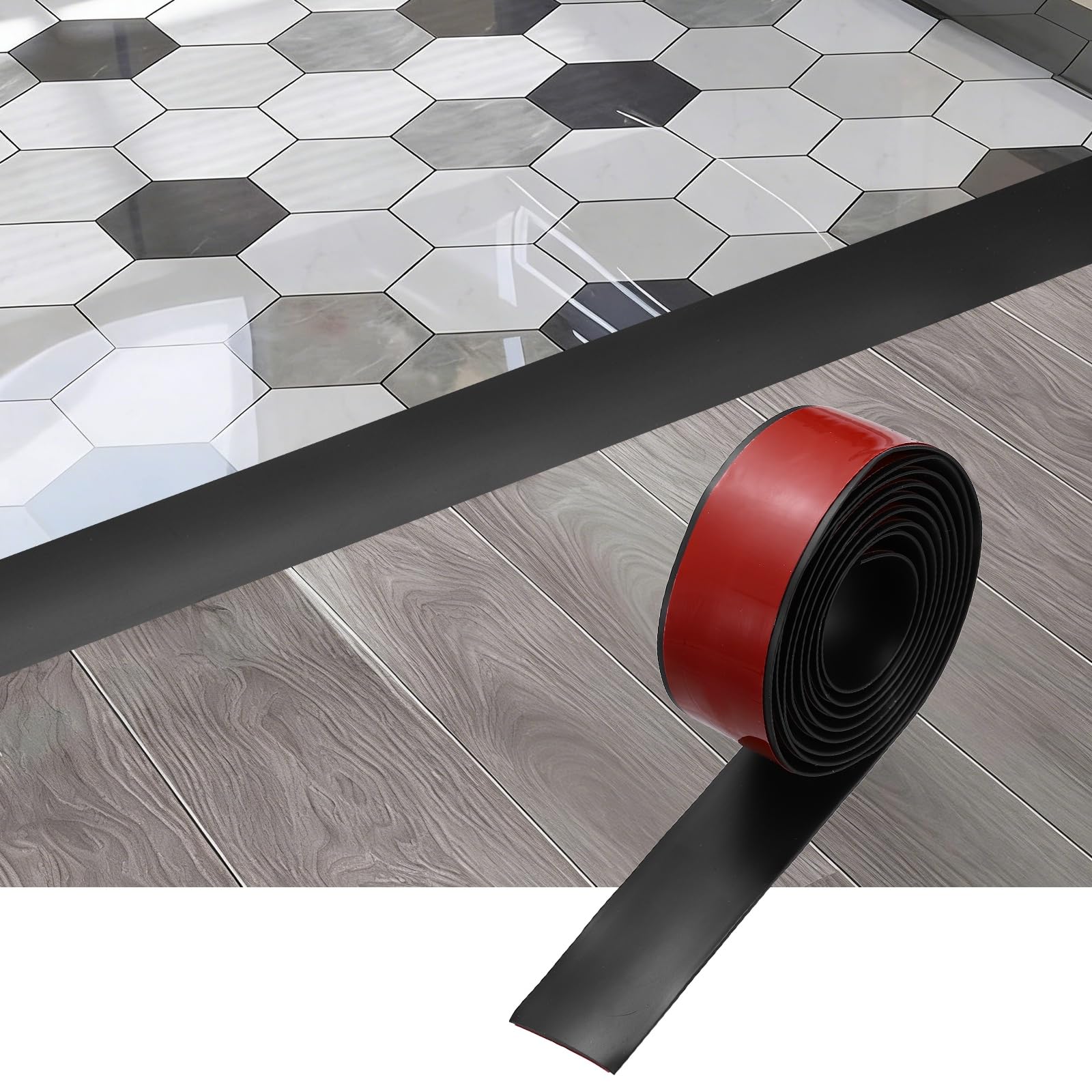 sourcing map Floor Transition Strip, 6.5FT x 1.57" x 0.14" Self Adhesive Floor Cover Strips Laminate Edge Trim for Flooring Gaps Carpet Transition, Black