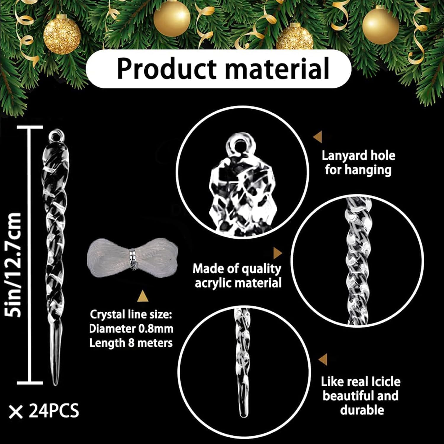 50 PCS Christmas Tree Decorations Items Clear Acrylic Icicle Christmas Hanging Ornament Set Suitable for Xmas Home Decor Tree Hanging Decorations
